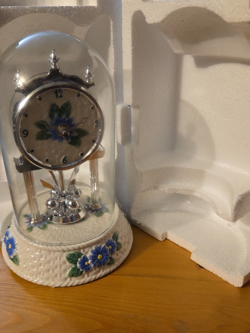 Ergobaby Blue Floral Glass Dome Mantel Clock with Ceramic Base